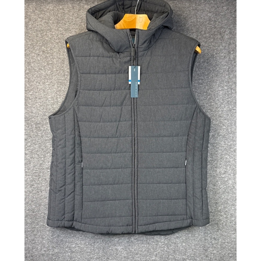 Perry Ellis Hooded Puffer Vest Black Heather Quilted‎ Zip Jacket Mens XL NWT